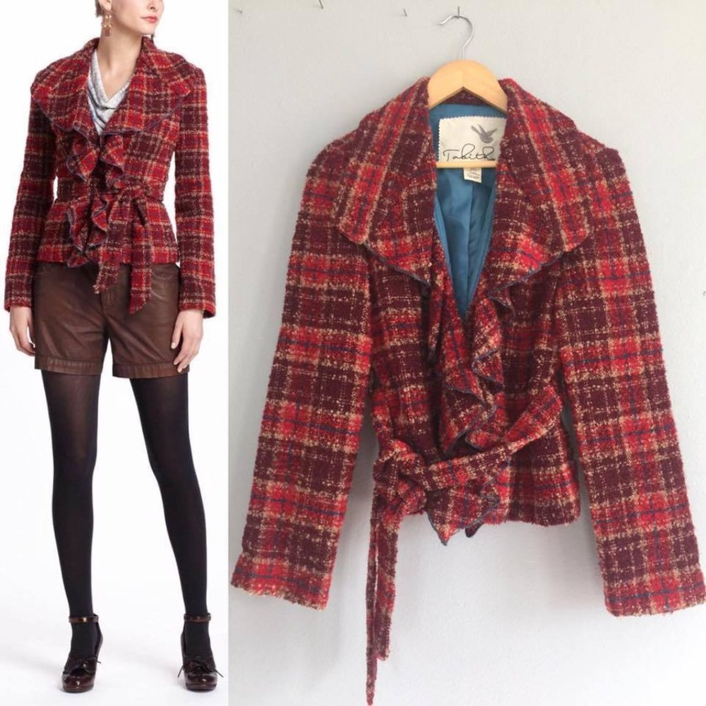 Anthropologie Tabitha Moretown Plaid Ruffle Jacket Size 8